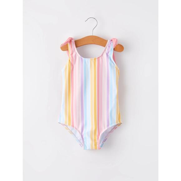 Rylee Faith Designs Girls 4 Swimsuit One Piece Rainbow Stripe Bow Shoulder NWT - Picture 1 of 9